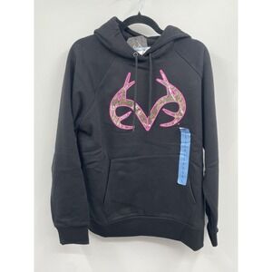 Realtree Hoodie Womens Large Black Graphic Cotton Relaxed Fit Raglan Sleeve NWT
